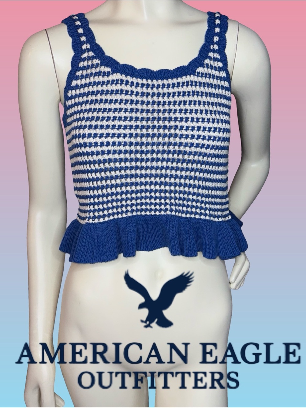 American Eagle Outfitters Blue & White Cropped Crochet Knit Ruffle Tank